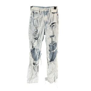 HM Denim Ultra High Waist Mom Jeans Light Wash Distressed Ripped Blue Size 2